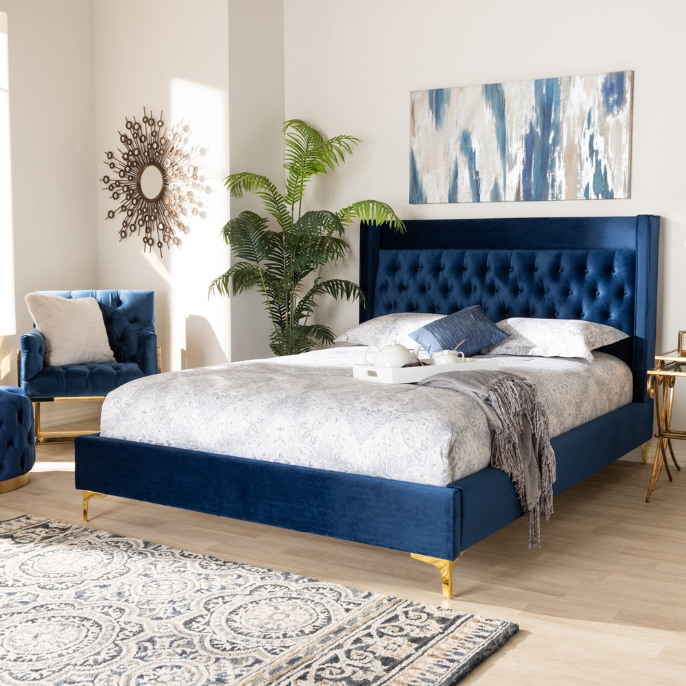 Buy Blue Queen Size Velvet Bed Wood Online Skyline Decor