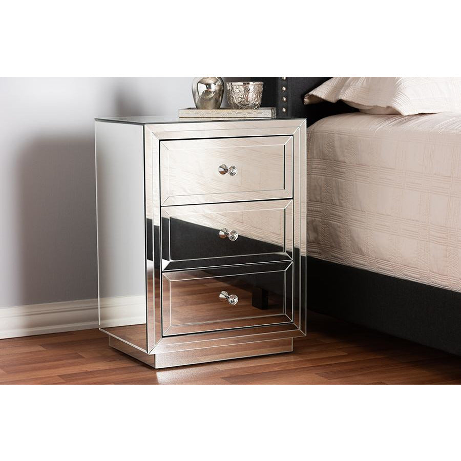 Skyline DecorLina Mirrored Three Drawer Nightstand Bedside Table