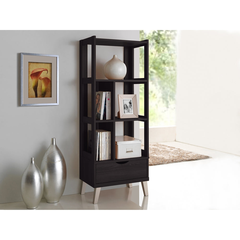 Buy Kalien Dark Brown Wood Leaning Bookcase with Display Shelves and
