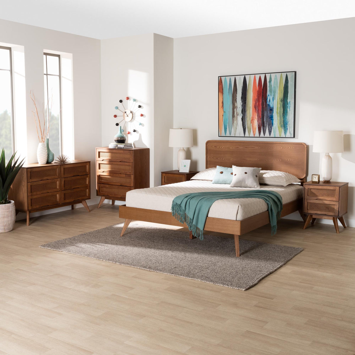 Demeter Mid-century Modern Walnut Brown Finished Wood Queen Size 5-pie