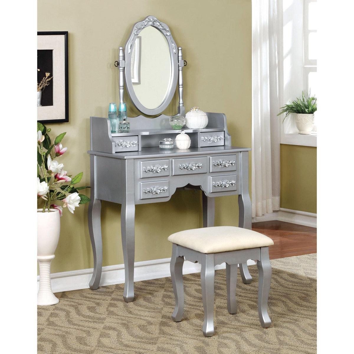 Skyline Decor-Cambriah Transitional Style Vanity Table & Stool in Silver